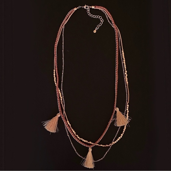 LOFT Jewelry - Tasseled Tassel Beaded Statement Multi Layer Boho Necklace in Rose Gold